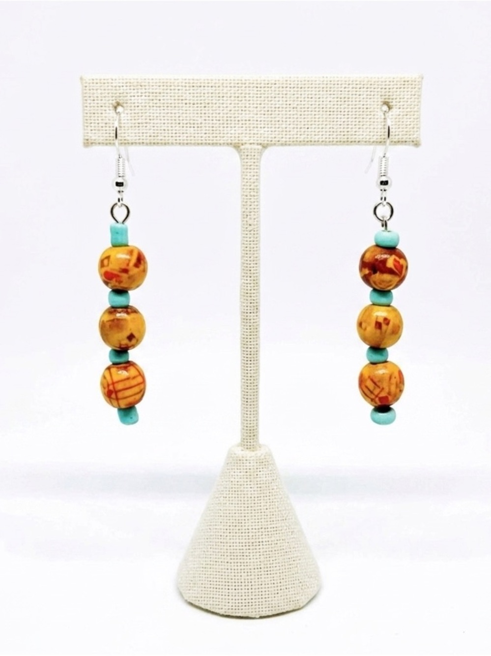 New Handmade Carved Redwood & Turquoise Beaded Dangle Earrings